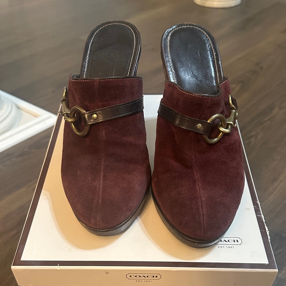 Coach Dark Red Suede Mules with Gold Accents
